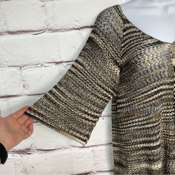 United States Sweater Brown Beige Black SZ L Tunic EUC V Neck Open Weave - Picture 4 of 9